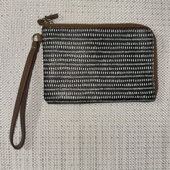 FOSSIL Black White Brown Faux Leather Zip Around Wristlet Wallet - Picture 2 of 8